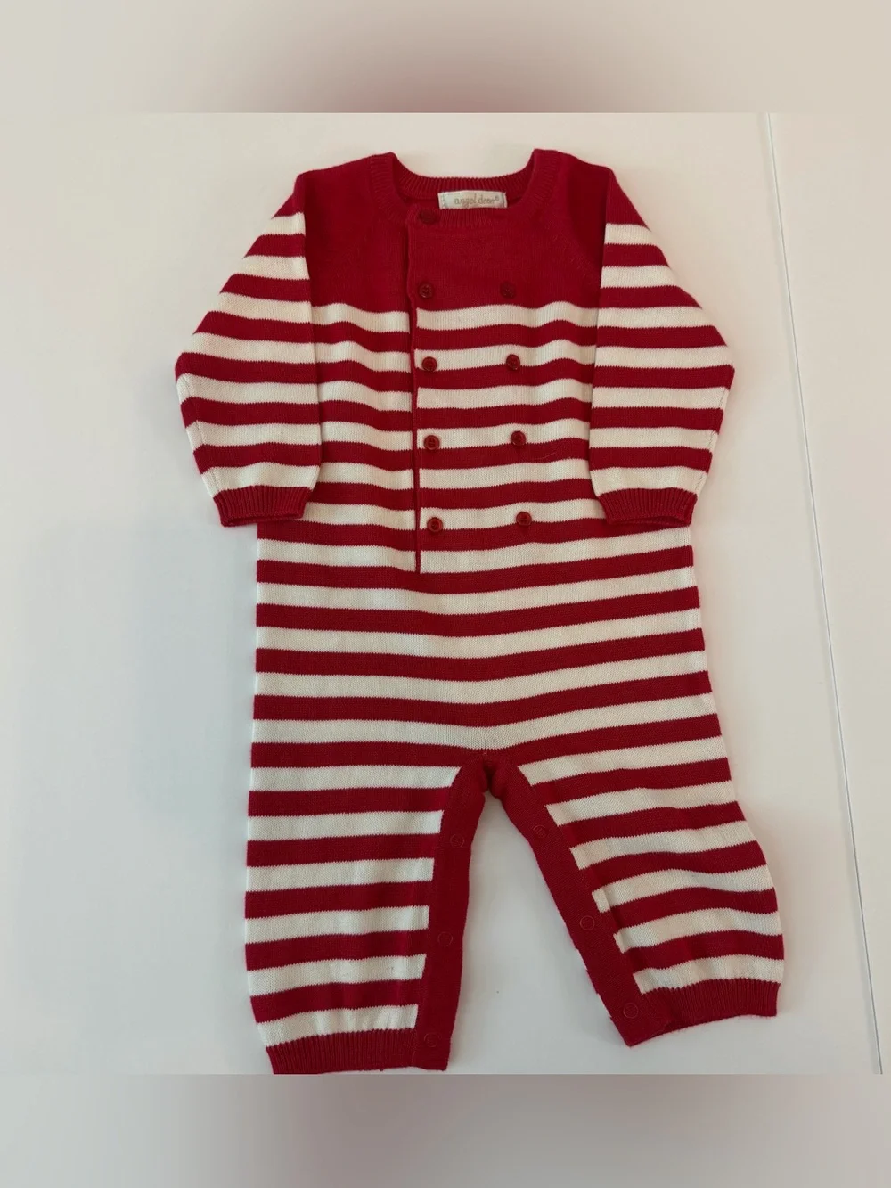 Angel Dear Baby Red & White Striped Knit Holiday Romper Button 0-3M 100% Cotton